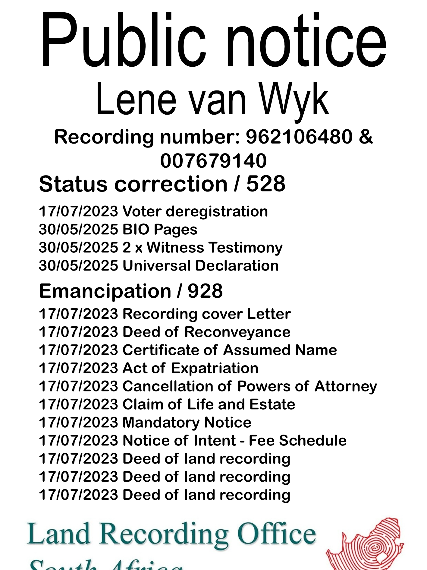 Public Notice Lene van Wyk (c) Recording number 962106480 & 007679140